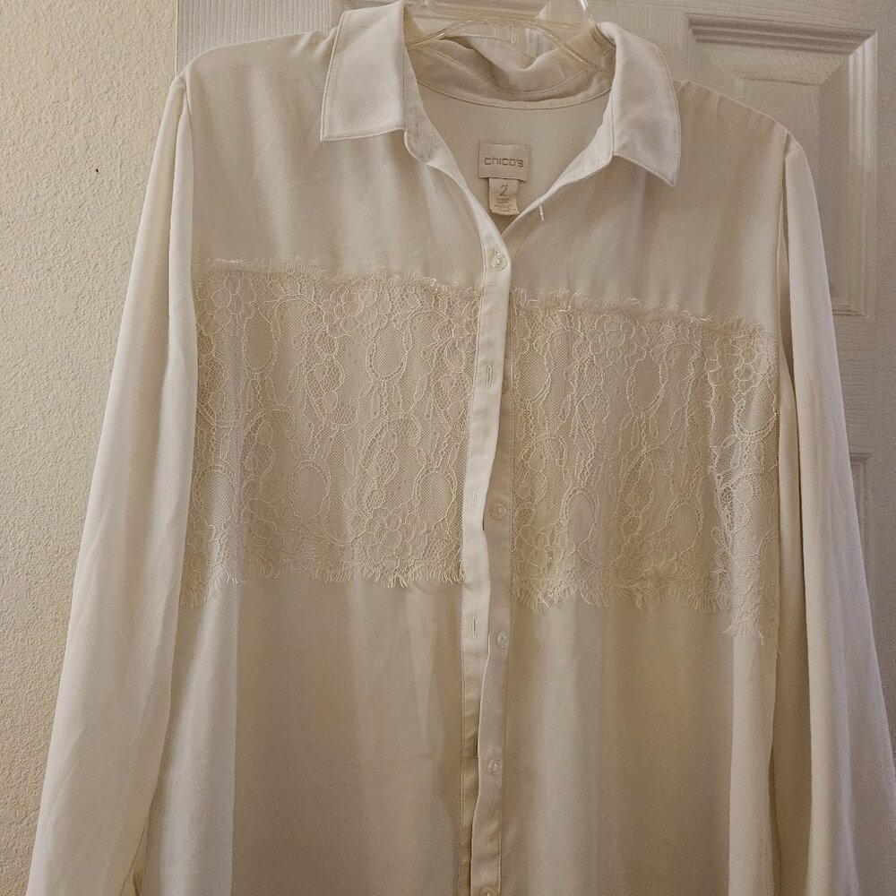 Chico's ivory creme long sleeve button down lace Work tunic blouse old money L